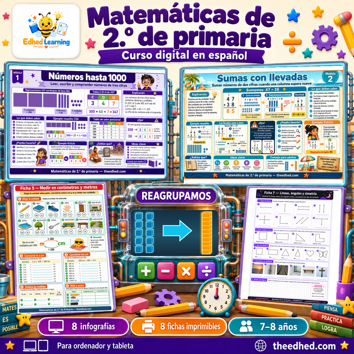 Curso digital de matemáticas de 2.º de primaria: 8 infografías y 8 fichas imprimibles en español para 7–8 años