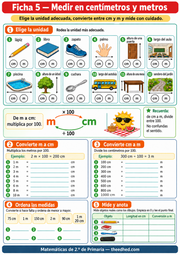 Ficha imprimible A4 para elegir centímetros o metros, convertir medidas y medir objetos reales