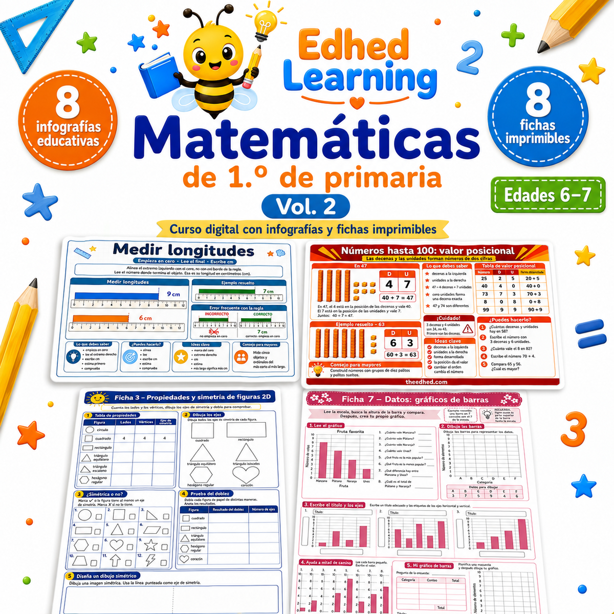 Curso de matemáticas de 1.º de primaria Vol. 2 con infografías y fichas imprimibles