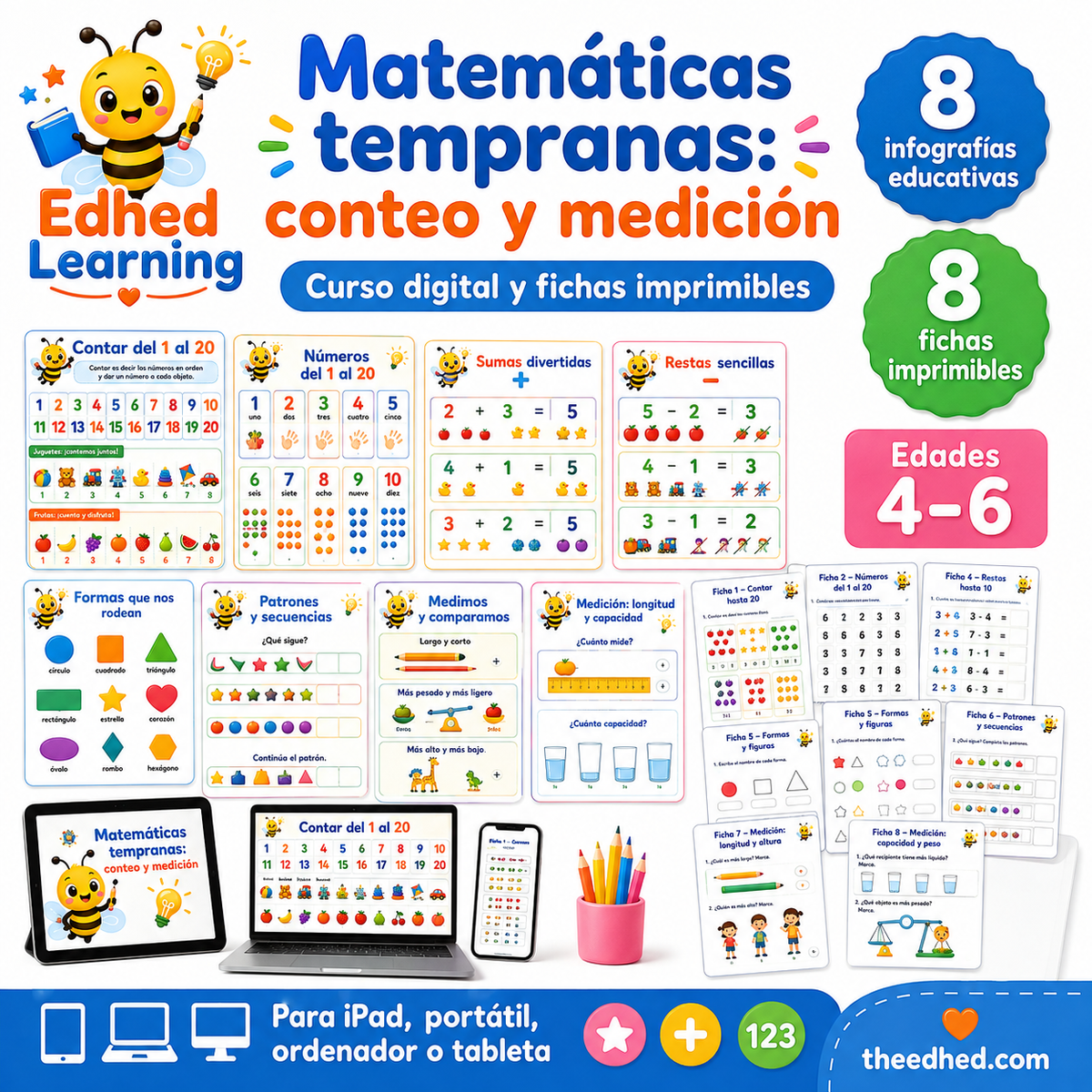 Curso digital de matemáticas tempranas en español con 8 infografías y 8 fichas imprimibles