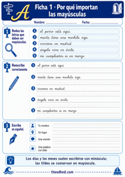 Ficha imprimible 1 en español para practicar el uso de las mayúsculas.
