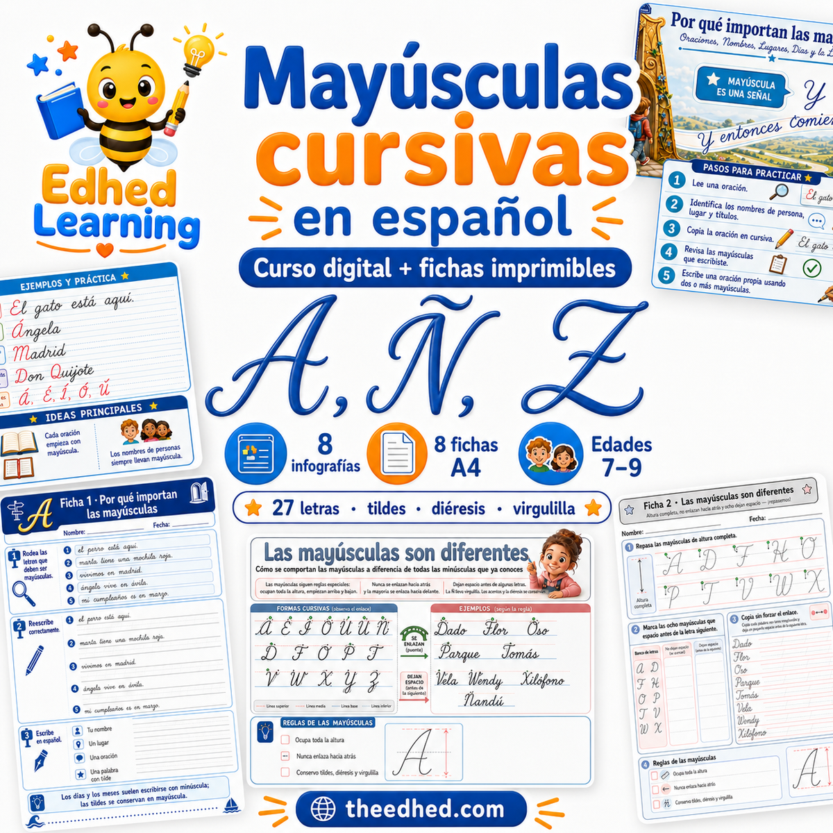 Portada del curso Mayúsculas cursivas en español con 27 letras, Ñ, 8 infografías y 8 fichas A4.