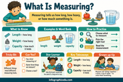 Measuring infographic for children explaining length weight and capacity