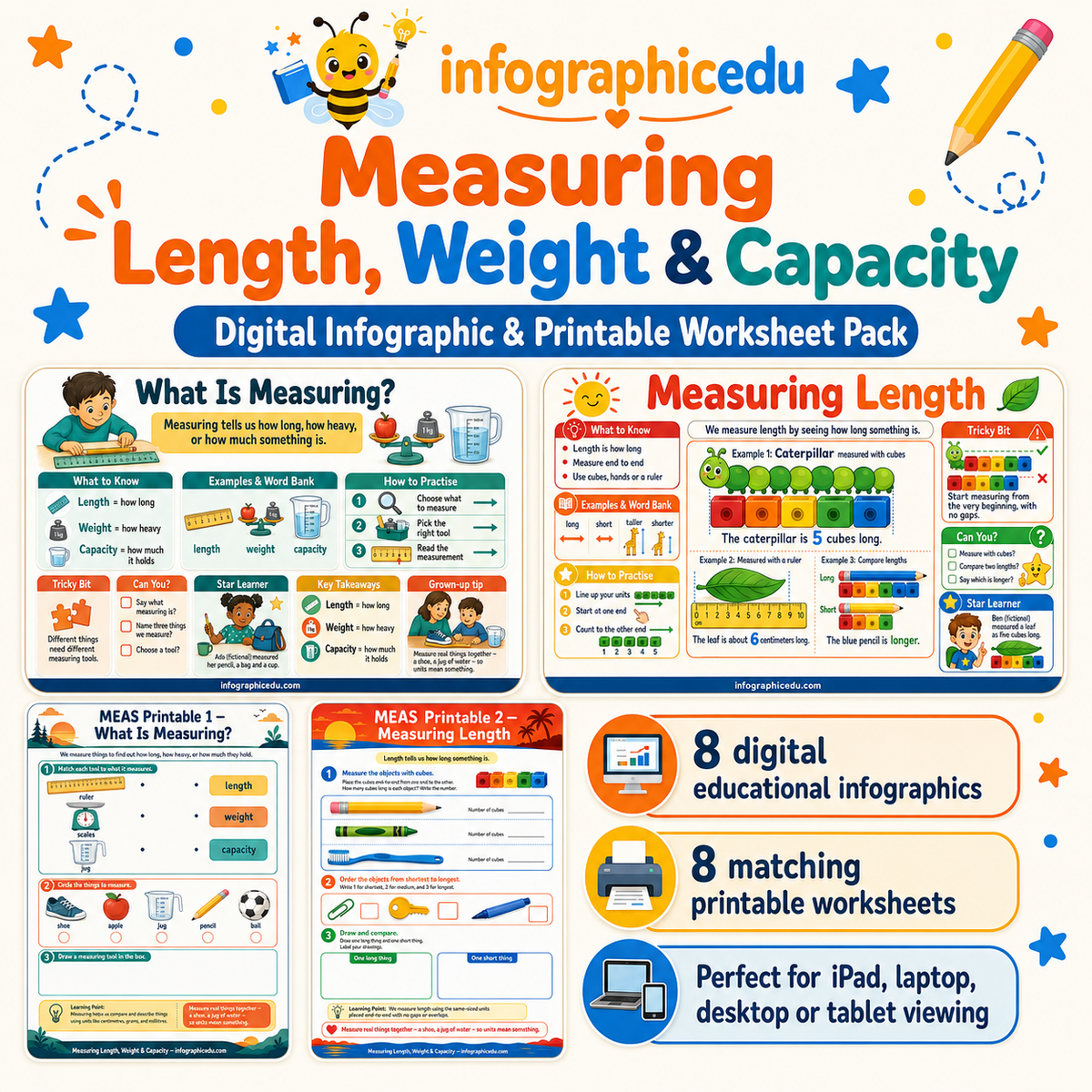 Measuring Length Weight and Capacity digital infographic and printable worksheet pack for children