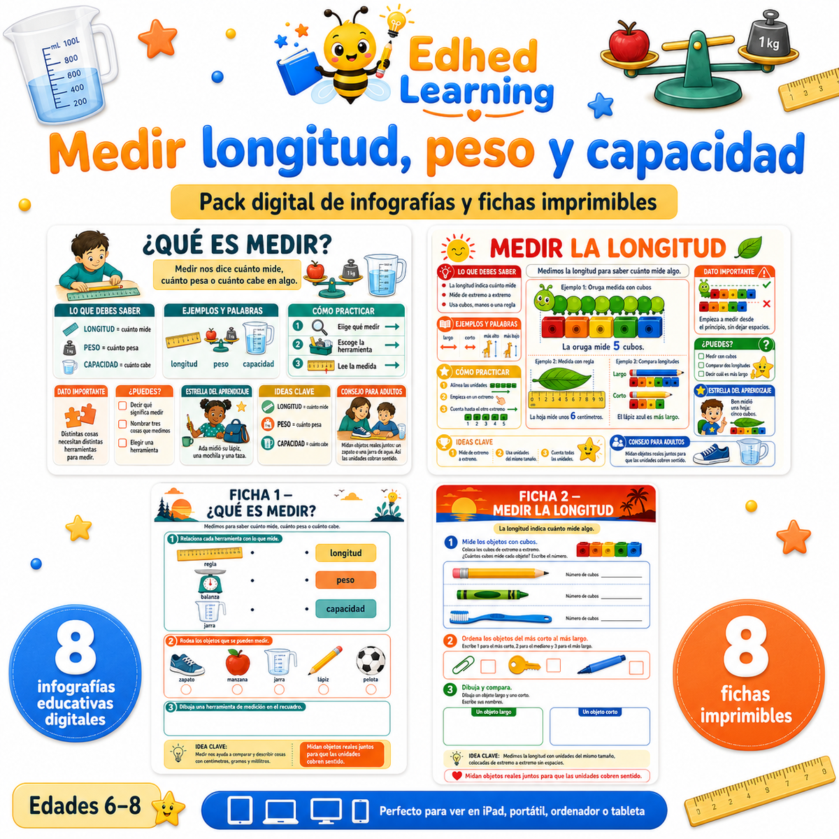 Curso Medir longitud, peso y capacidad en español con 8 infografías y 8 fichas imprimibles para edades de 6 a 8 años