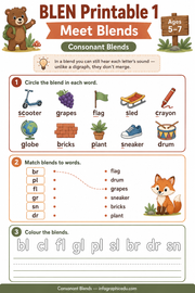 Meet Blends printable worksheet for ages 5 to 7