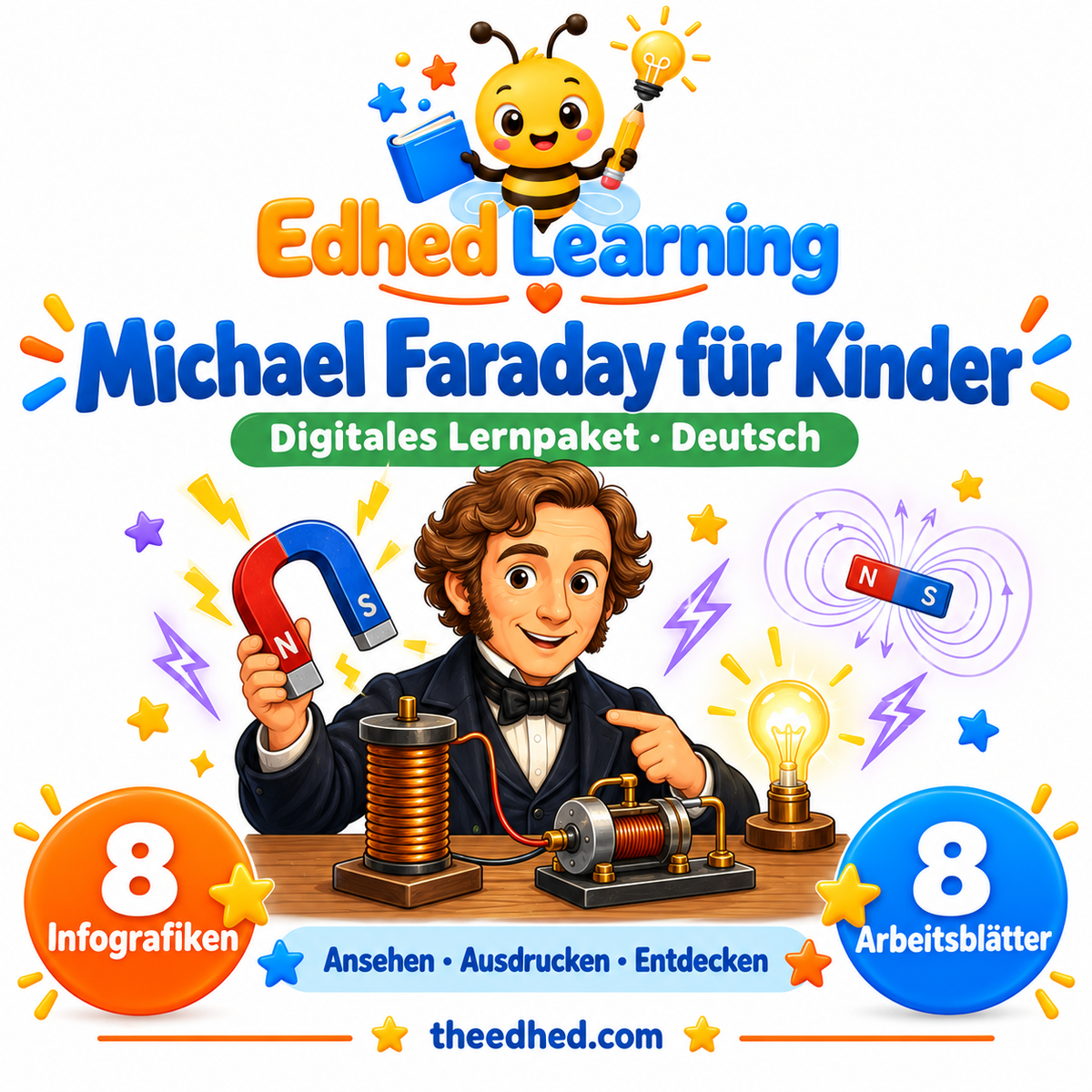 Edhed Learning Lernpaket Michael Faraday für Kinder mit 8 Infografiken und 8 Arbeitsblättern