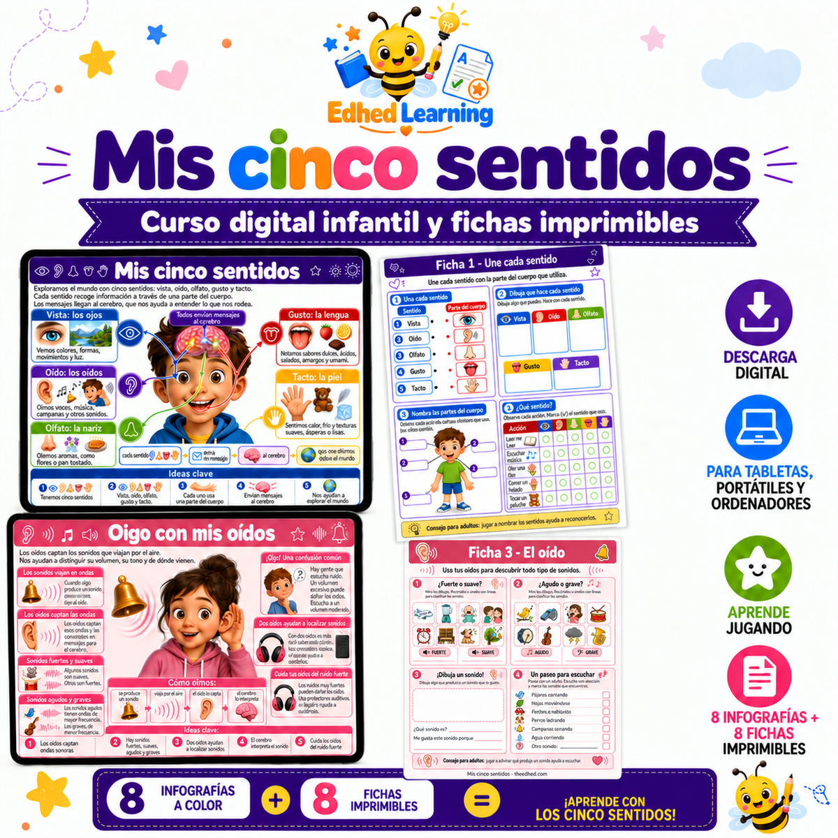 Mis cinco sentidos: curso digital con ocho infografías y ocho fichas, logotipo de Edhed Learning y ejemplos de actividades.