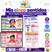 Mis cinco sentidos: curso digital con ocho infografías y ocho fichas, logotipo de Edhed Learning y ejemplos de actividades.