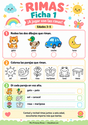 Ficha A4 imprimible de rimas en español para rodear dibujos, colorear parejas y decir palabras en voz alta.