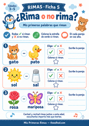 Ficha A4 ¿Rima o no rima?, con gato y pato, sol y sal, rosa y mariposa.