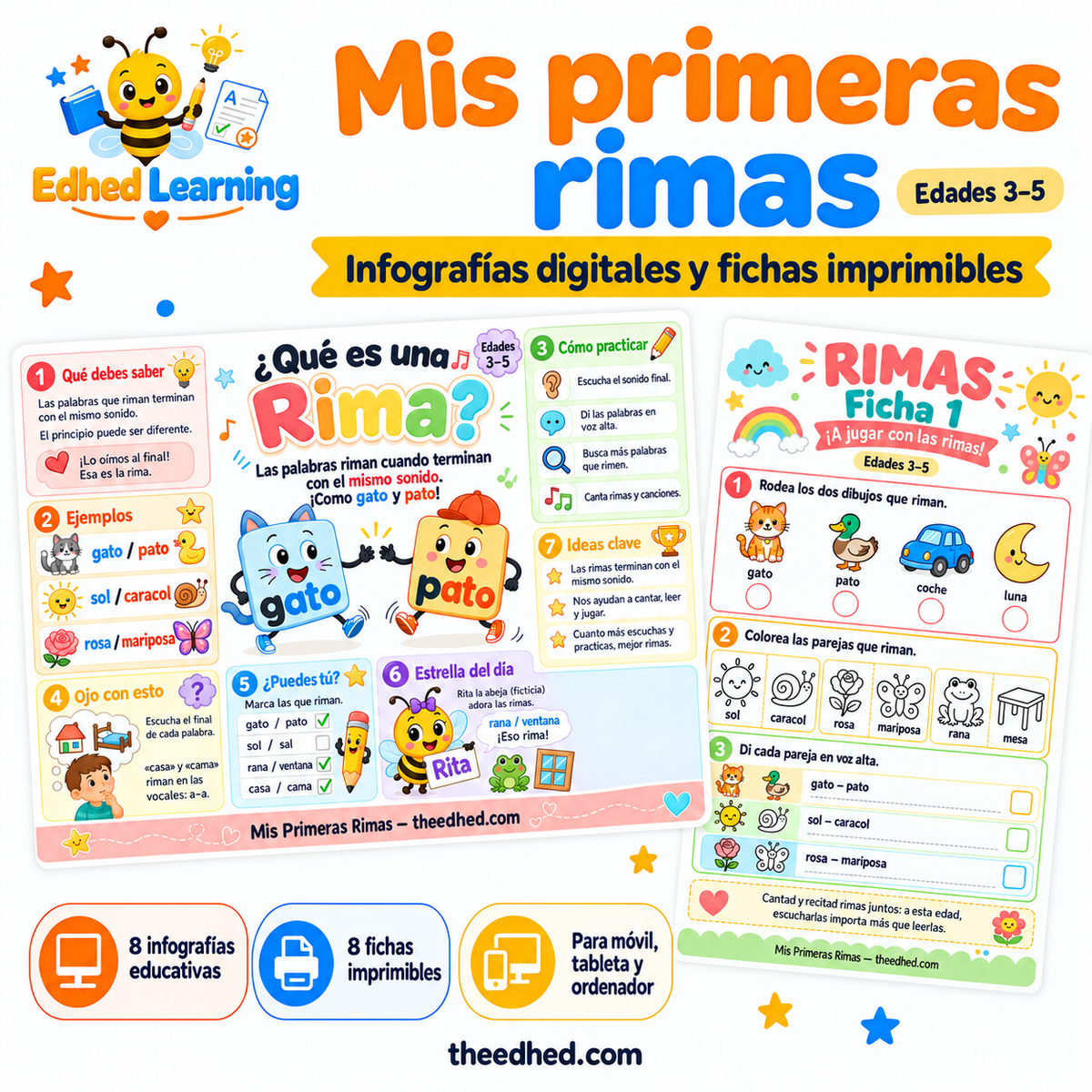 Mis primeras rimas: curso en español con 8 infografías y 8 fichas imprimibles para niños de 3 a 5 años.