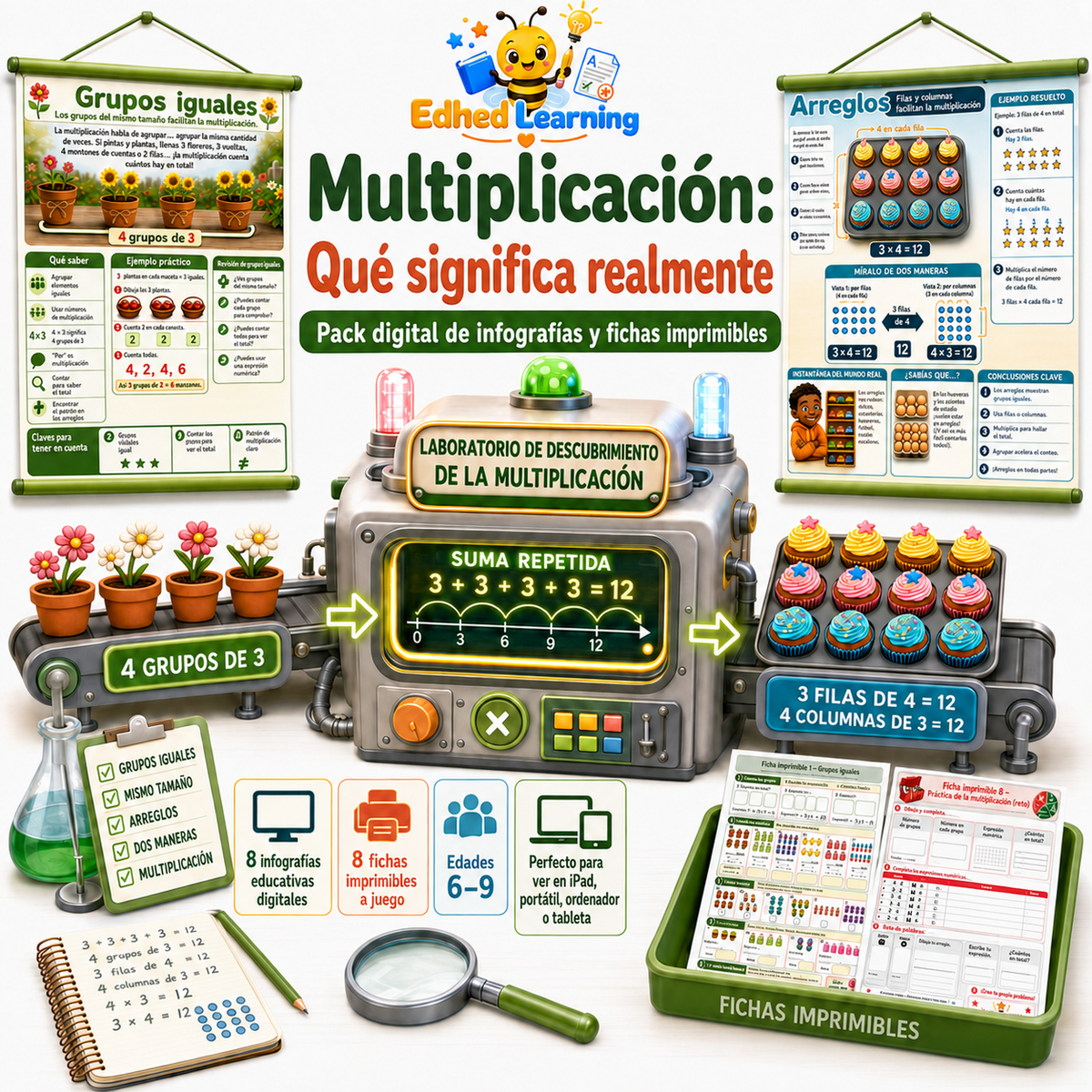 Multiplicación para niños: portada del curso digital con 8 infografías y 8 fichas imprimibles