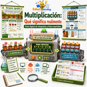 Multiplicación para niños: portada del curso digital con 8 infografías y 8 fichas imprimibles