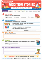 Printable Grade 1 addition word problems worksheet with RIPS practice and blank bar-model space