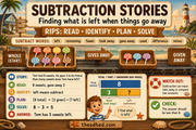 Subtraction Stories infographic teaching take-away clues and part-whole bar models for Grade 1