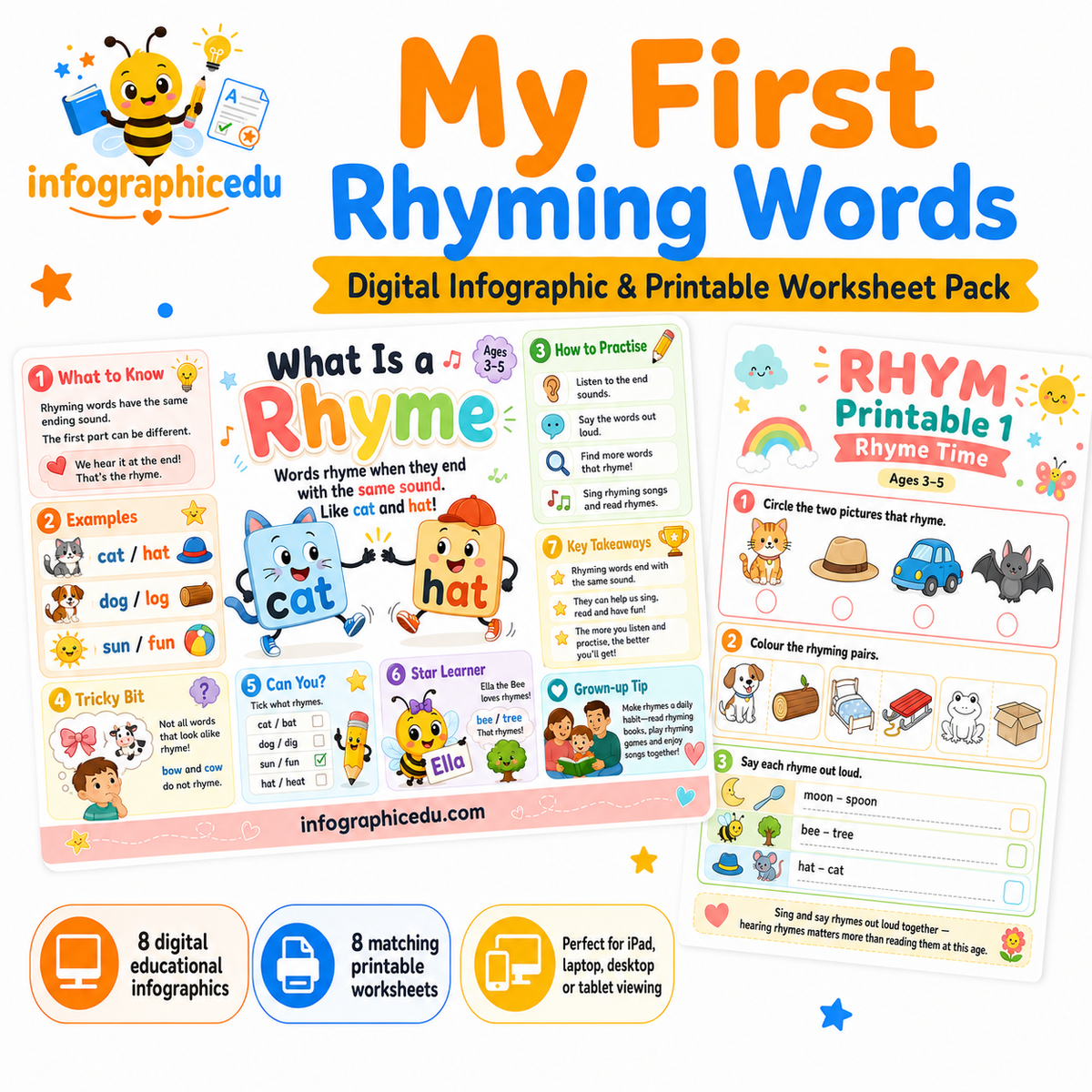 My First Rhyming Words digital infographic and printable worksheet pack for children