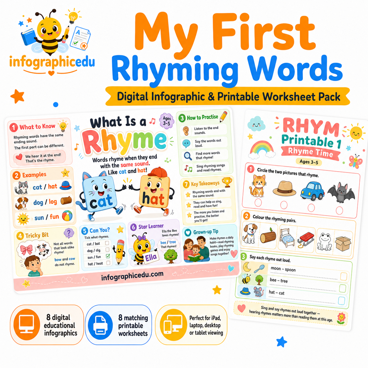 My First Rhyming Words digital infographic and printable worksheet pack for children