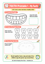 My Teeth counting colouring and drawing printable worksheet