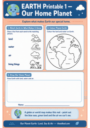 Our Home Planet printable worksheet with matching, colouring and drawing activities