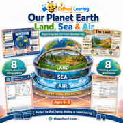Our Planet Earth Land Sea and Air digital course cover with 8 infographics and 8 worksheets for ages 6 to 8