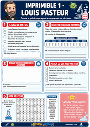 Ficha imprimible A4 en español con actividades sobre Louis Pasteur y los microbios