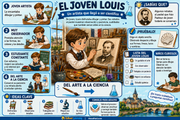 Infografía en español sobre el joven Louis Pasteur, el arte, la observación y la ciencia