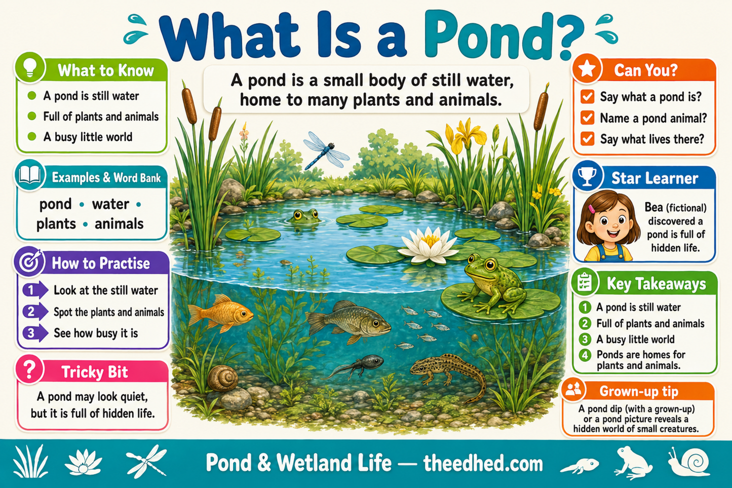 What Is a Pond educational infographic for children ages 5 to 7