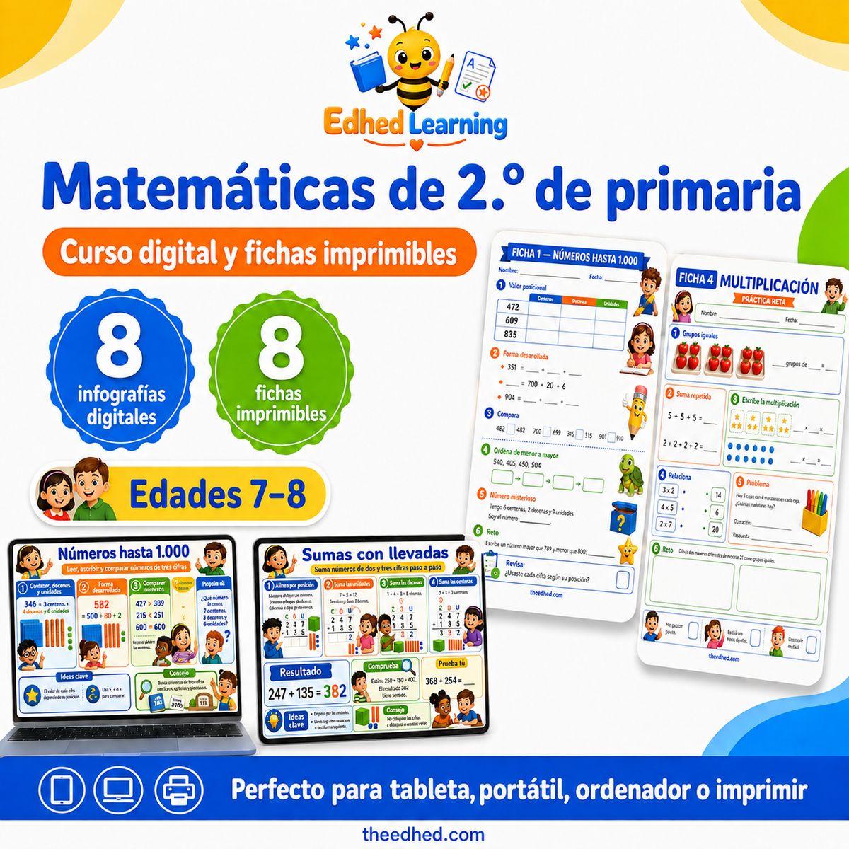 Problemas matemáticos de 2.º de Primaria, curso digital con 8 infografías y 8 fichas imprimibles.