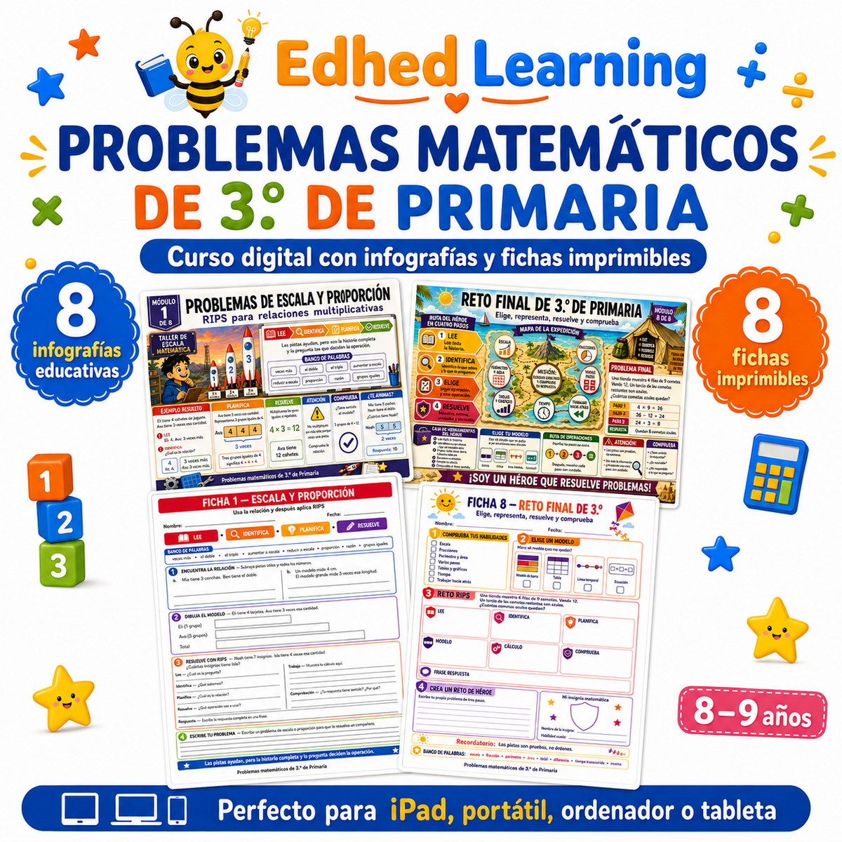 Curso de problemas matemáticos de 3.º de Primaria en español con 8 infografías y 8 fichas