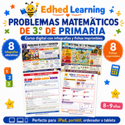 Curso de problemas matemáticos de 3.º de Primaria en español con 8 infografías y 8 fichas