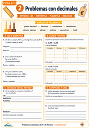 Ficha A4 imprimible corregida de problemas con decimales para 4.º de Primaria