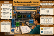 Infografía en español sobre problemas con decimales para 4.º de Primaria