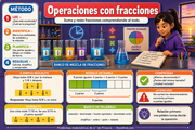 Infografía en español sobre operaciones con fracciones para 4.º de Primaria