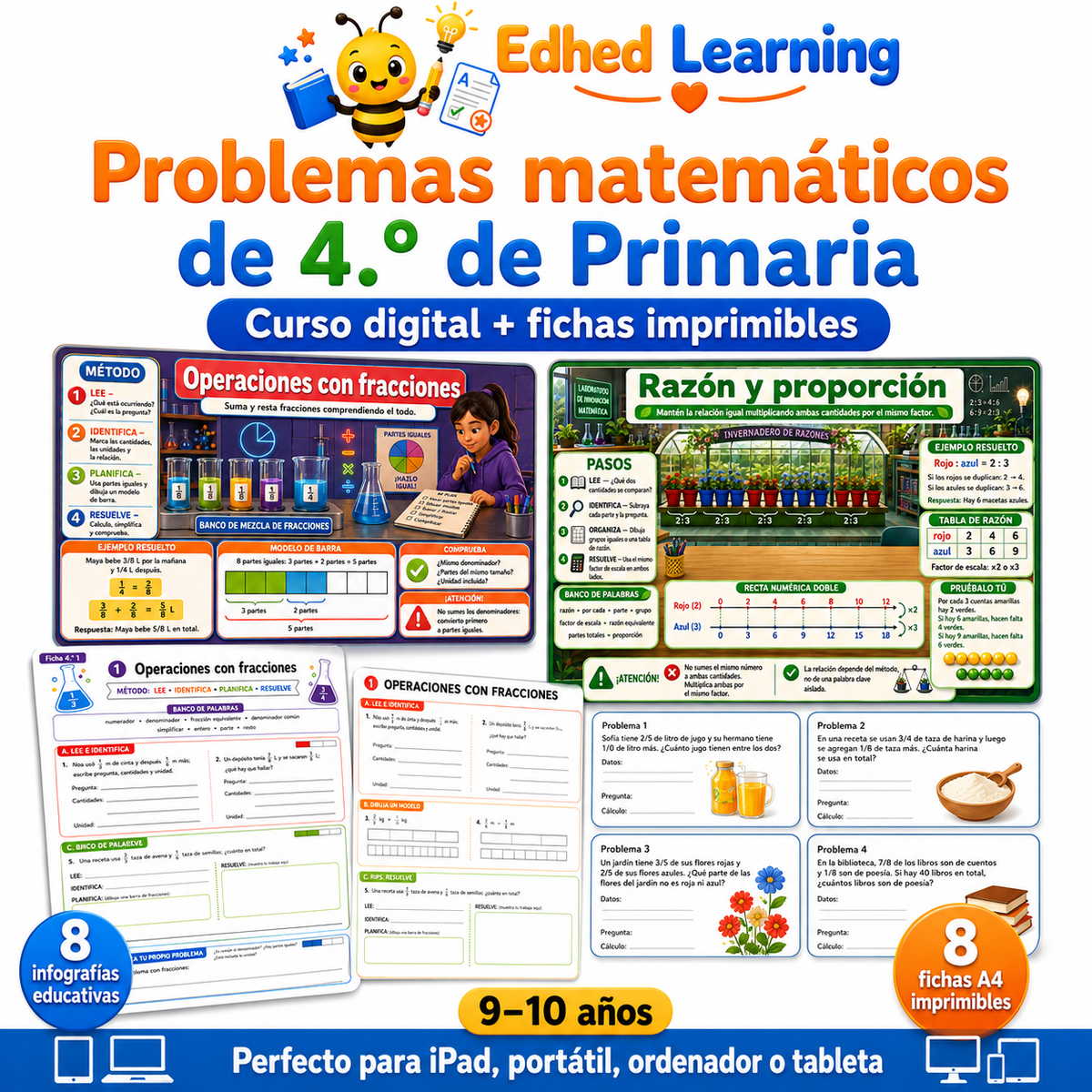 Curso de problemas matemáticos de 4.º de Primaria con 8 infografías y 8 fichas A4