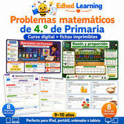 Curso de problemas matemáticos de 4.º de Primaria con 8 infografías y 8 fichas A4