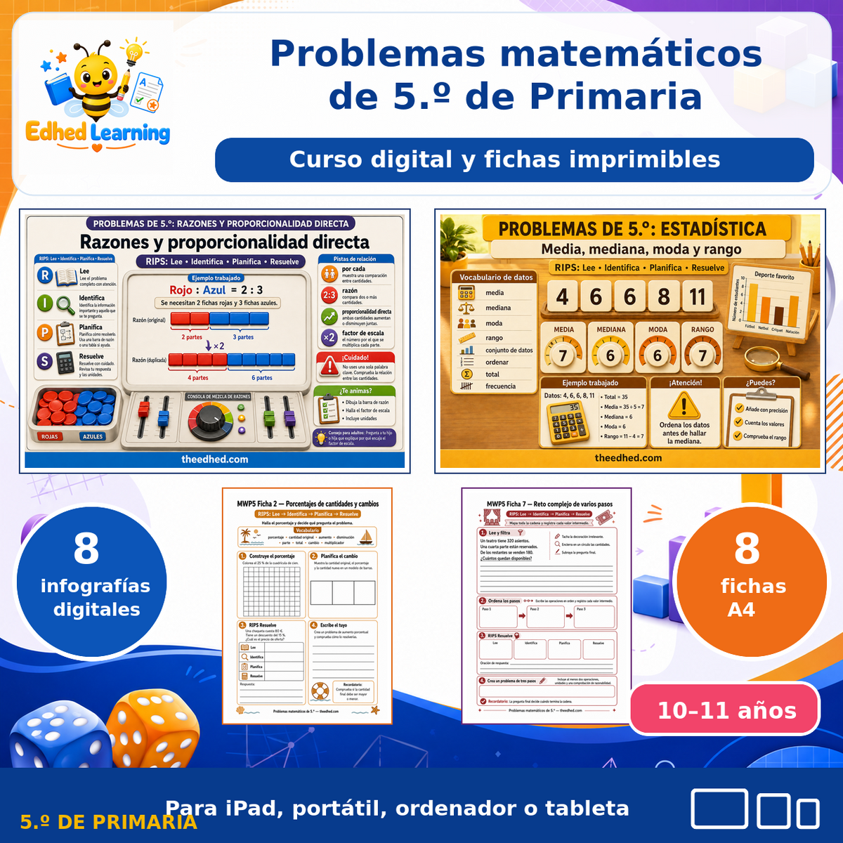 Curso de problemas matemáticos de 5.º de Primaria con 8 infografías y 8 fichas imprimibles