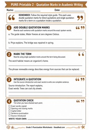 Quotation Marks in Academic Writing printable A4 Grade 5 punctuation worksheet