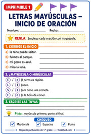 Hoja imprimible para practicar mayúsculas al inicio de la oración en 1.º grado