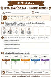 Hoja imprimible en español sobre mayúsculas y nombres propios para 1.º grado