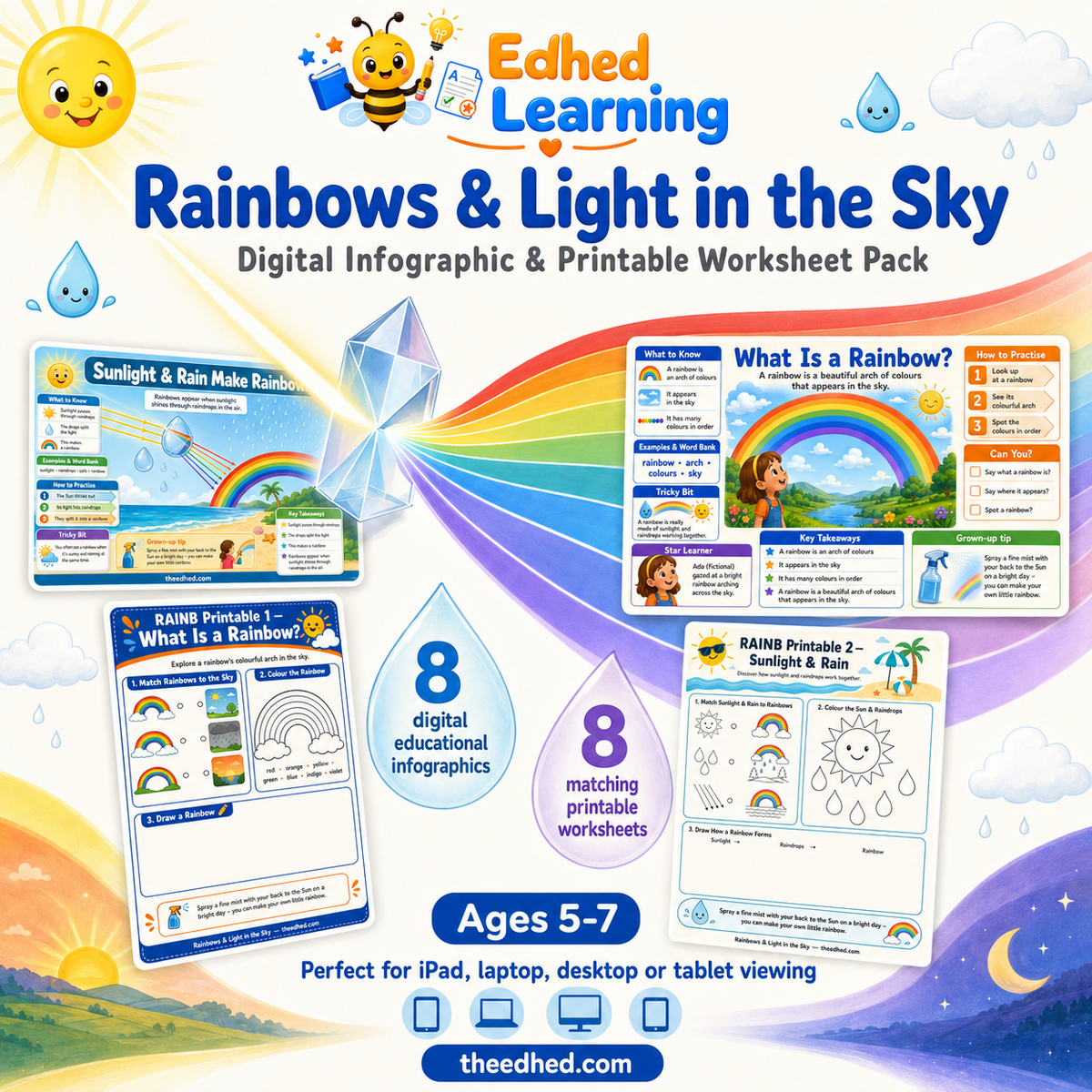 Rainbows & Light in the Sky digital infographic and printable worksheet pack for ages 5 to 7