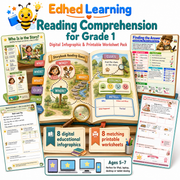 Reading Comprehension for Grade 1 digital infographic and printable worksheet pack