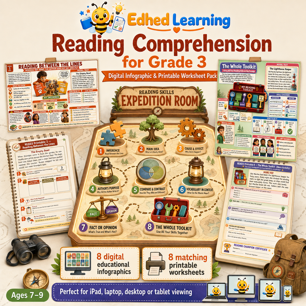 Reading Comprehension for Grade 3 digital infographic and printable worksheet pack for ages 7 to 9