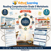 Reading Comprehension Grade 5 digital course cover with 8 infographics and 8 worksheets for ages 9–11