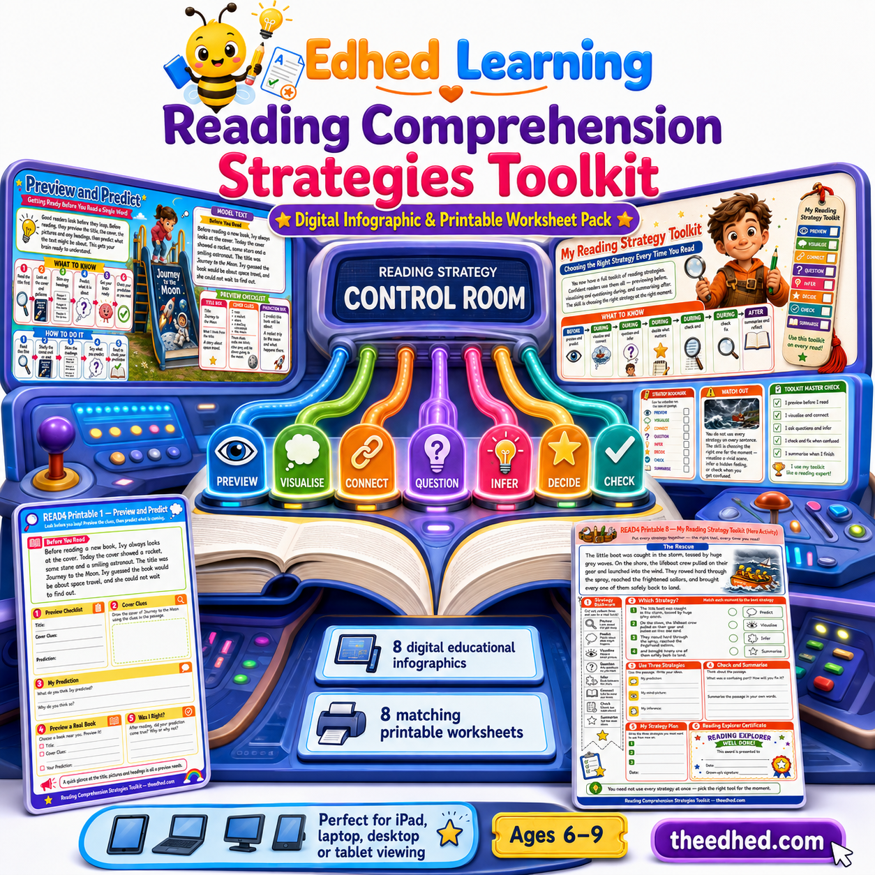 Reading Comprehension Strategies Toolkit digital course and printable worksheet pack for ages 6 to 9
