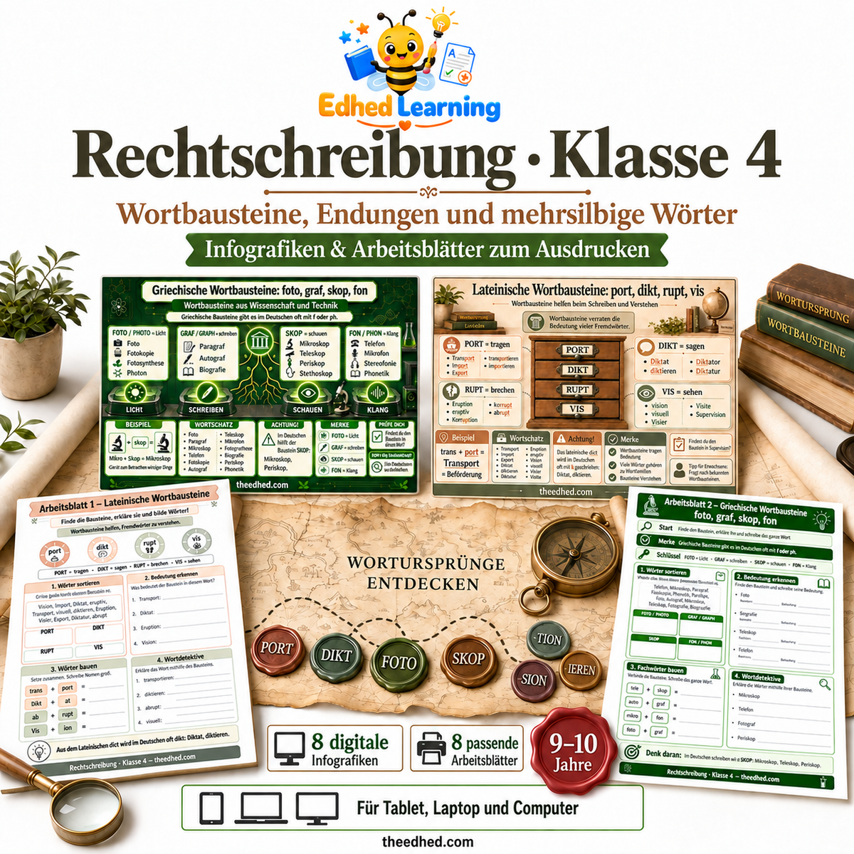 Rechtschreibung Klasse 4 von Edhed Learning mit Vorschauen auf 8 Infografiken und 8 Arbeitsblätter für 9–10 Jahre.