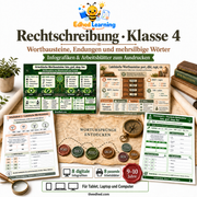 Rechtschreibung Klasse 4 von Edhed Learning mit Vorschauen auf 8 Infografiken und 8 Arbeitsblätter für 9–10 Jahre.