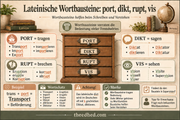 Infografik zu lateinischen Wortbausteinen port, dikt, rupt und vis mit Beispielen und Merksätzen für Klasse 4.