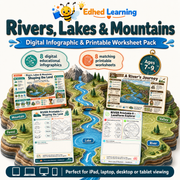 Rivers, Lakes & Mountains digital course main image with infographics and printable worksheets for ages 7–9