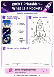 What Is a Rocket matching colouring and drawing printable worksheet